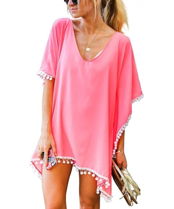 Women Chiffon Tassel Swimwear Bikini Stylish Swimsuit Beach Cover up - Pink - CU18GOOQYUY $9.89-Cover-Ups