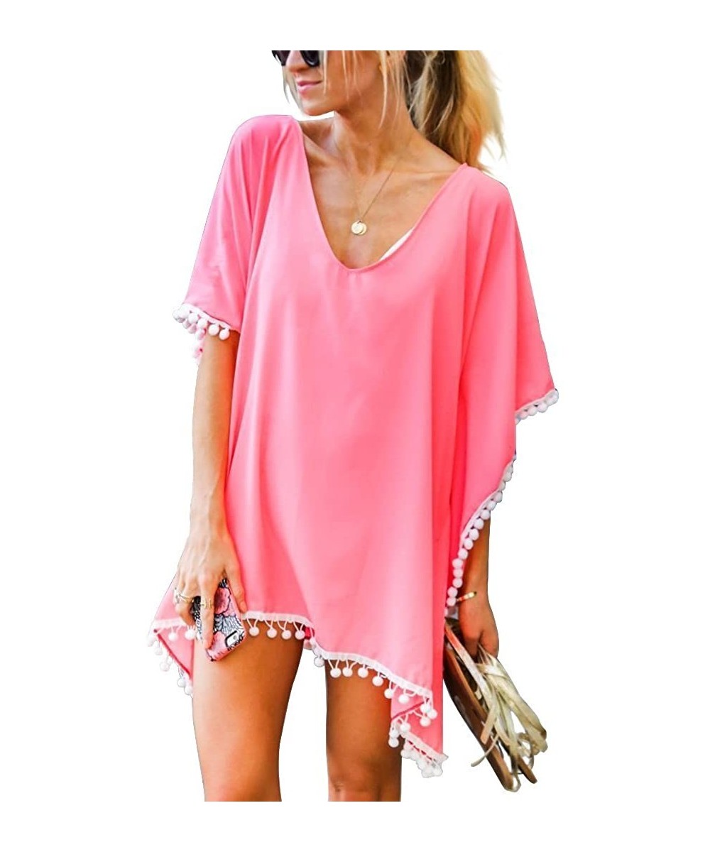 Women Chiffon Tassel Swimwear Bikini Stylish Swimsuit Beach Cover up - Pink - CU18GOOQYUY $9.89-Cover-Ups