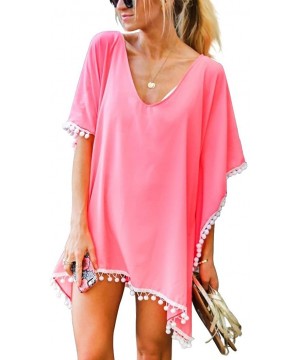 Women Chiffon Tassel Swimwear Bikini Stylish Swimsuit Beach Cover up - Pink - CU18GOOQYUY $9.89-Cover-Ups