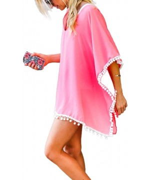 Women Chiffon Tassel Swimwear Bikini Stylish Swimsuit Beach Cover up - Pink - CU18GOOQYUY $9.89-Cover-Ups