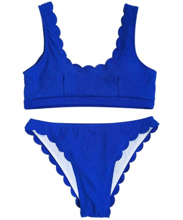 Women's Ribbed Cheeky Bikini Sets Scoop Neck Scalloped Bathing Suits Swimwear - Sapphire Blue - C619023L5LI $20.99-One-Pieces