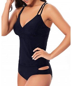 Tankini Swimsuits for Women Tummy Control V Neck Halter Tankini Set Criss Cross Back Two Piece Bathing Suits Dark Navy - CO18...