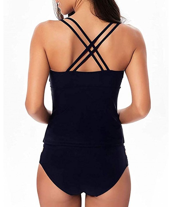 Tankini Swimsuits for Women Tummy Control V Neck Halter Tankini Set Criss Cross Back Two Piece Bathing Suits Dark Navy - CO18...