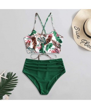 Tube Top Lace Up Bikini Swimsuit for Women Attractive Two Pieces Swimwear Print Bikini Set with High Waisted Green - CO1964CD...