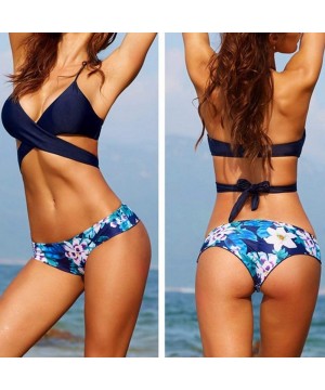 Womens Summer Swimsuit Cross Halter Bandage Low Rise Bathing Suit Boho Hawaii Style 2PCS Bikini Set Swimwear 1 Blue - CU194ZY...