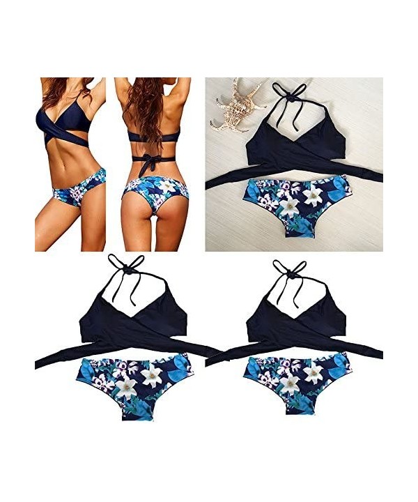 Womens Summer Swimsuit Cross Halter Bandage Low Rise Bathing Suit Boho Hawaii Style 2PCS Bikini Set Swimwear 1 Blue - CU194ZY...