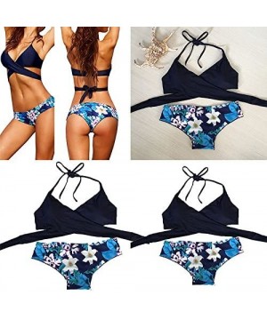 Womens Summer Swimsuit Cross Halter Bandage Low Rise Bathing Suit Boho Hawaii Style 2PCS Bikini Set Swimwear 1 Blue - CU194ZY...