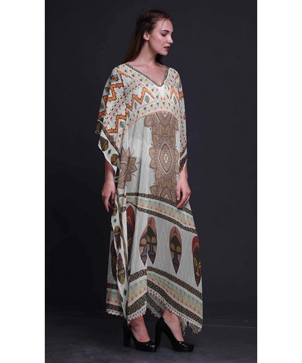 Tribal African Ladies Kaftan Holiday Loungewear Maxi Dress Beach Coverup - White - CR18NIUOLR8 $26.67-Cover-Ups