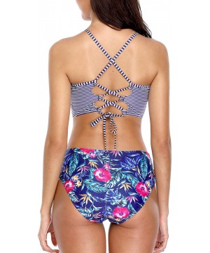 Womens Floral Striped Bikini Set High Neck Two Pieces Swimsuits Bathing Suits - Navy(lace Up Back) - CE18LST5DYN $23.60-Tops