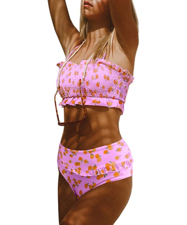 Women Cute High Waist Strapless Smocked Bikini Sets Swimsuit Bathing Suit - A Pink - CZ18SKODS6D $26.60-Sets