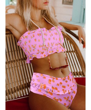 Women Cute High Waist Strapless Smocked Bikini Sets Swimsuit Bathing Suit - A Pink - CZ18SKODS6D $26.60-Sets