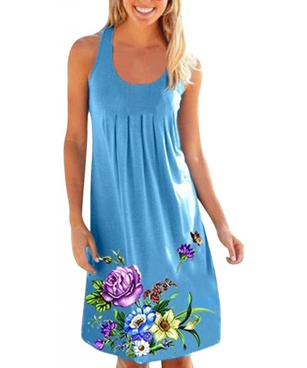 Womens Summer Dress Casual Sleeveless Mini Floral Printed Plain Pleated Tank Vest Dresses for Women - Z2-blue - CL194T8ULNC $...