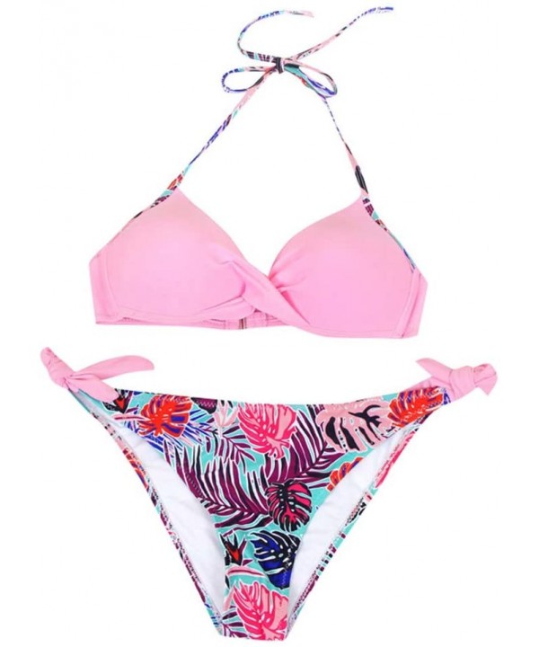 Women's Swimsuit Halter Halter Strap Solid Print Bikini Set(G-Pink-XL) - G-pink - C5196U7XT34 $12.13-Sets