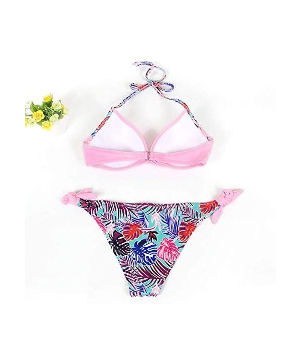 Women's Swimsuit Halter Halter Strap Solid Print Bikini Set(G-Pink-XL) - G-pink - C5196U7XT34 $12.13-Sets