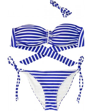 Women's Two Pieces Bandeau Bikini Swimsuits Stripe Halter Swimwear Bathing Suit for Women Blue and White Striped - CK17YWS2ZE...