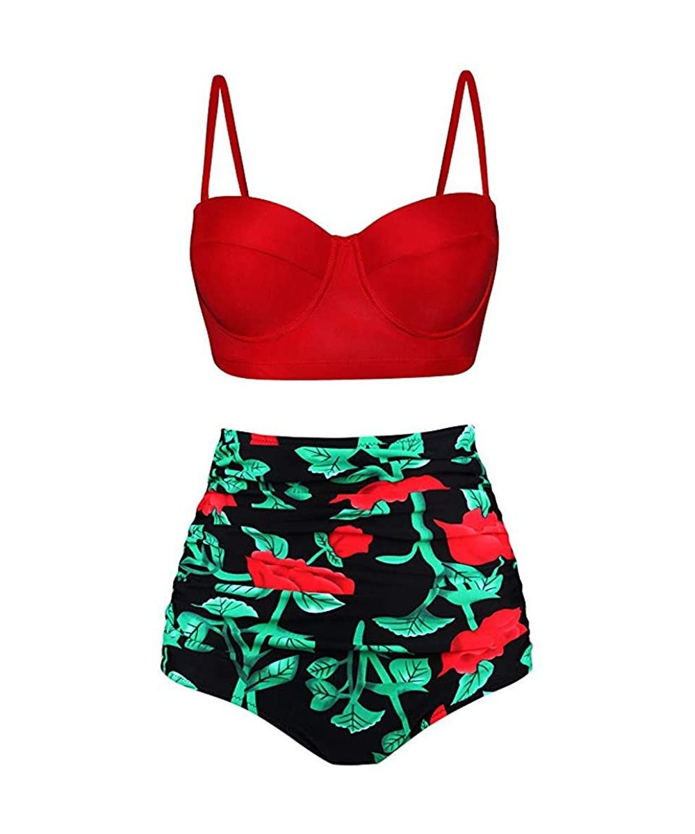 Women Bikini Swimwear Set Plus-Size Printed High Waist Split Two-Piece Swimsuit Sets - Red - CZ196D2DTSW $34.79-Sets