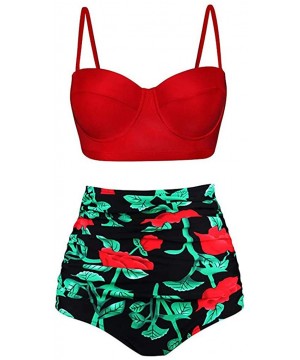 Women Bikini Swimwear Set Plus-Size Printed High Waist Split Two-Piece Swimsuit Sets - Red - CZ196D2DTSW $34.79-Sets