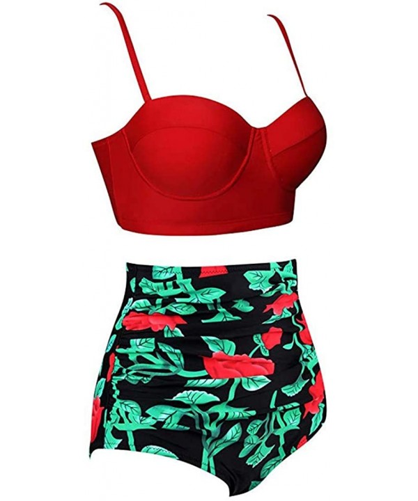 Women Bikini Swimwear Set Plus-Size Printed High Waist Split Two-Piece Swimsuit Sets - Red - CZ196D2DTSW $34.79-Sets