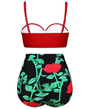 Women Bikini Swimwear Set Plus-Size Printed High Waist Split Two-Piece Swimsuit Sets - Red - CZ196D2DTSW $34.79-Sets