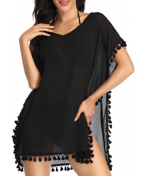 Women Chiffon Tassel Swimsuit Cover Ups Beach Bathing Suit Cover Ups for Swimwear - Black - C1192SOEU09 $20.47-Cover-Ups