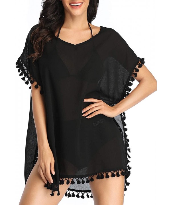 Women Chiffon Tassel Swimsuit Cover Ups Beach Bathing Suit Cover Ups for Swimwear - Black - C1192SOEU09 $20.47-Cover-Ups