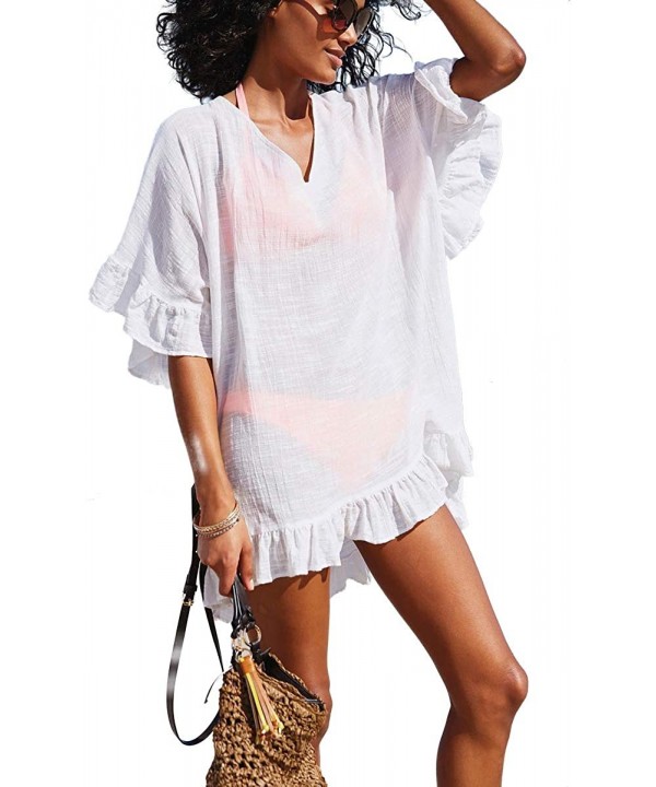 Womens Casual Ruffle V-Neck Swimsuit Cover Up Beach Dress White - CS18RXLYU7M $18.41-Cover-Ups