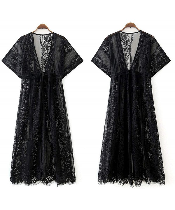 Women's Casual Lace Crochet Kimono Cardigan Bathing Suit Cover Up - 3 Black - CW19CAIT4T4 $21.46-Cover-Ups