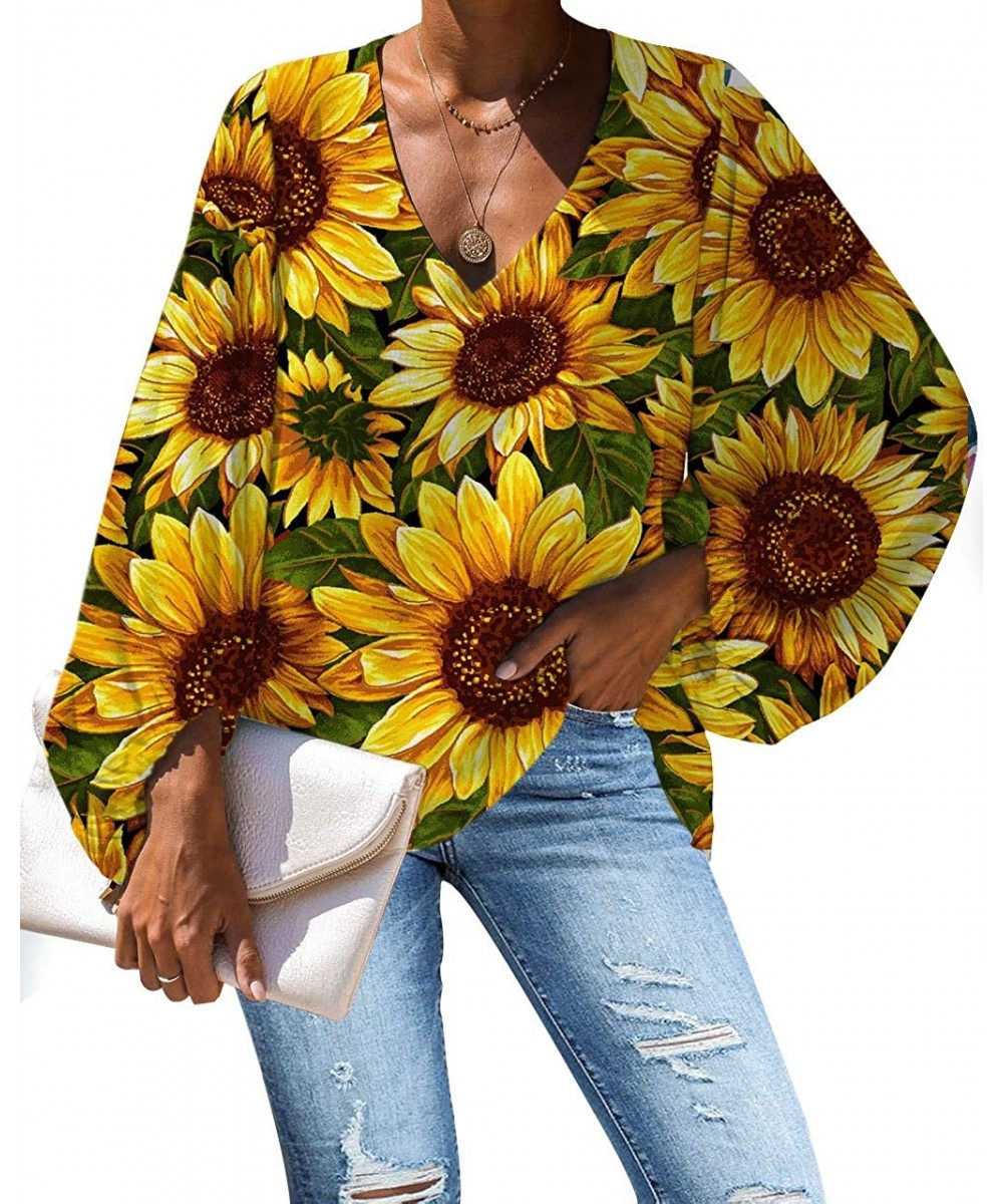 Deep V Neck Tops and Blouses for Work Sunflower Cover Up Batwing Long Sleeve Loose Shirts - Sunflower 1 - CU1932DNECK $20.23-...