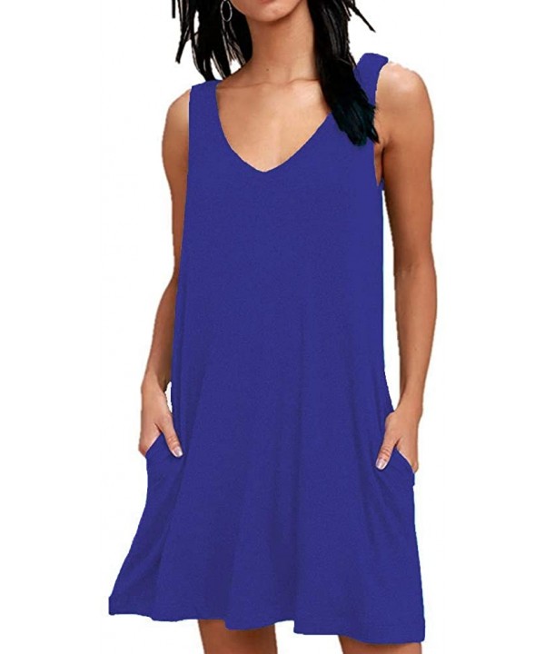 Women Summer Casual T Shirt Dresses Beach Cover up Plain Pleated Tank Dress - Royal Blue - CU18RL9NO57 $22.45-Cover-Ups