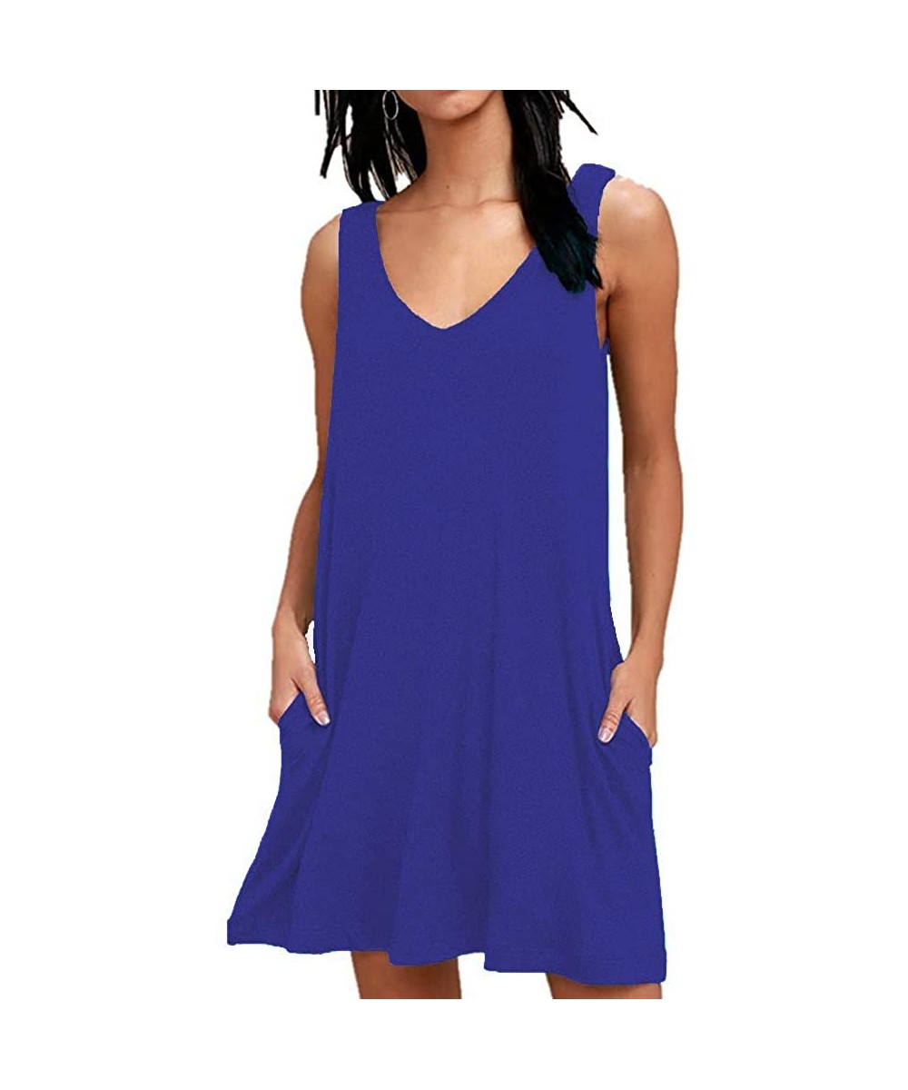 Women Summer Casual T Shirt Dresses Beach Cover up Plain Pleated Tank Dress - Royal Blue - CU18RL9NO57 $22.45-Cover-Ups