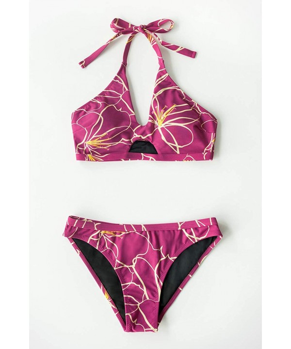 Women's Purple Hibiscus Halter Low Rise Cutout Two Piece Bikini Sets - Purple - CL18ZEO6OQH $20.92-Sets