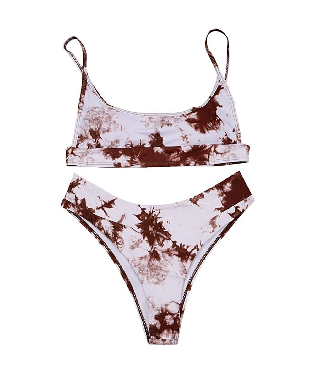 Women's Tie Dye Bikini Swimsuit Scoop Neck Push up Bikini Set Two Piece High Cut Swimwear Bathing Suits - Khaki - C3199UDQ8CK...