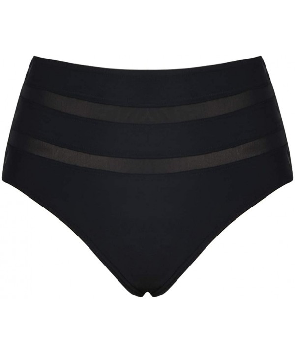 Women's Vintage High Waisted Bikini Bottom Shirred Tankini Briefs - Mesh Black - CF1947IDYIZ $11.00-Bottoms