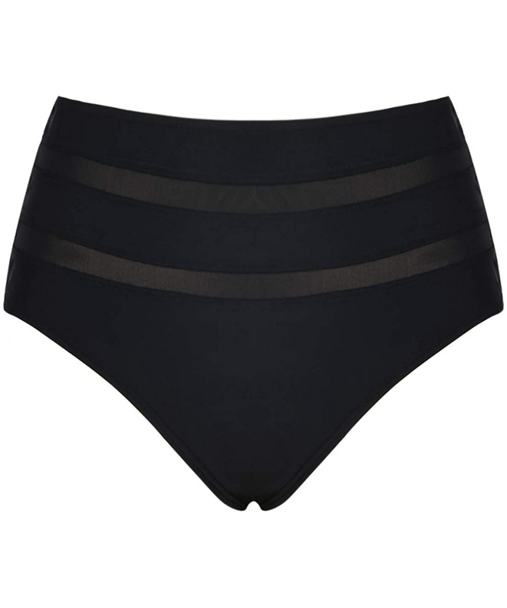 Women's Vintage High Waisted Bikini Bottom Shirred Tankini Briefs - Mesh Black - CF1947IDYIZ $11.00-Bottoms