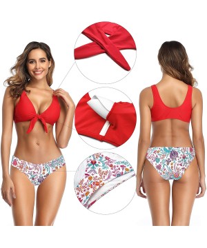 Women's Bathing Suits Tie Knot Front Bikini Floral Print Two Piece Swimsuit - Rose Red - CS18Z7C2ZTG $21.93-Sets