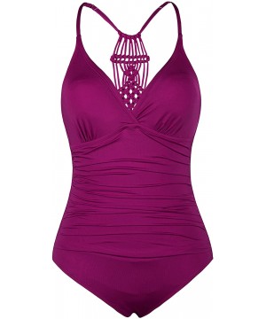 Women's One Piece Swimsuits Halter Braid Macrame Ruched Slimming Tummy Control Swimwear - Wine Time - CL18S7H0KKC $23.63-One-...