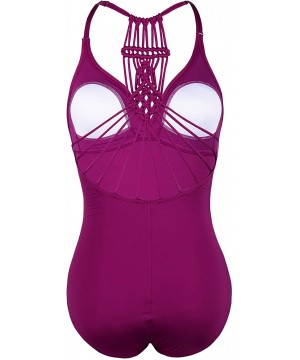 Women's One Piece Swimsuits Halter Braid Macrame Ruched Slimming Tummy Control Swimwear - Wine Time - CL18S7H0KKC $23.63-One-...