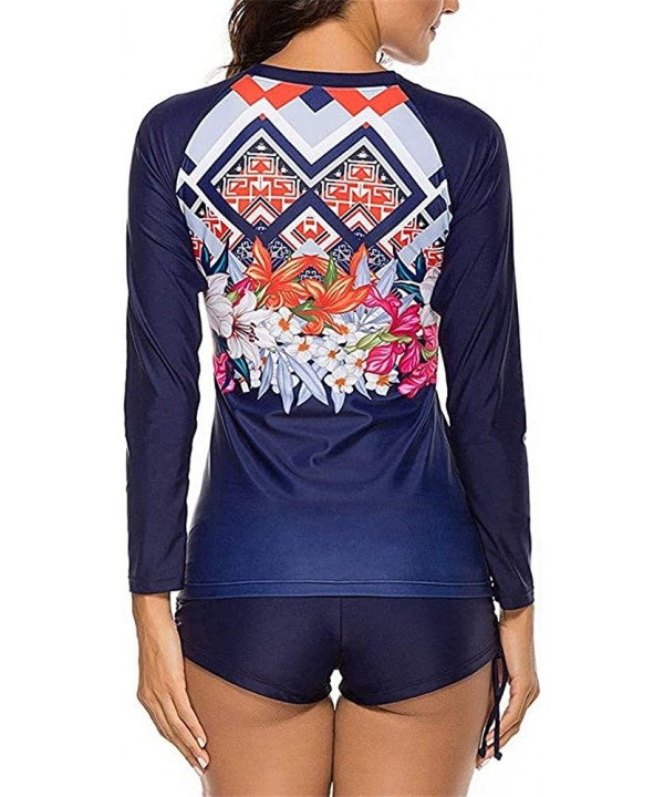 Womens Long Sleeve Vibrant Print Rashguard Shirt Side Ties Color Block Tankini Swimsuit - Navy9190 - C5196UL0S50 $23.55-Tankinis