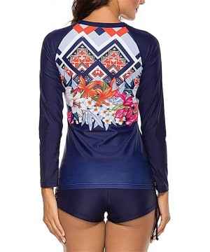 Womens Long Sleeve Vibrant Print Rashguard Shirt Side Ties Color Block Tankini Swimsuit - Navy9190 - C5196UL0S50 $23.55-Tankinis