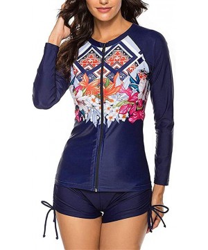 Womens Long Sleeve Vibrant Print Rashguard Shirt Side Ties Color Block Tankini Swimsuit - Navy9190 - C5196UL0S50 $23.55-Tankinis