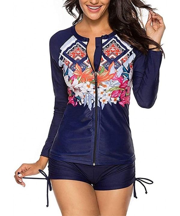 Womens Long Sleeve Vibrant Print Rashguard Shirt Side Ties Color Block Tankini Swimsuit - Navy9190 - C5196UL0S50 $23.55-Tankinis