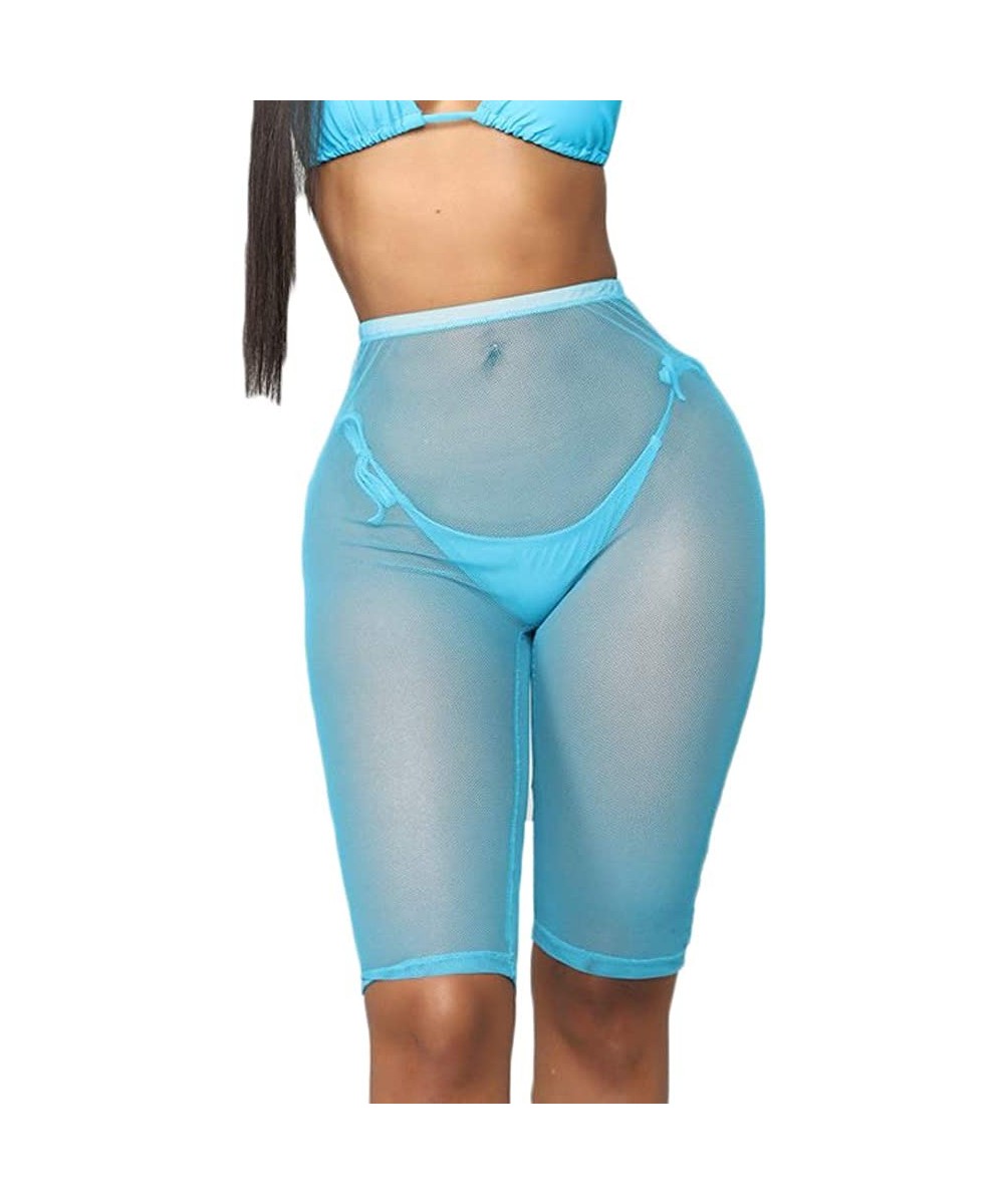 Women Sexy Perspective Mesh Sheer Swim Shorts Pants Bikini Bottom Cover up - Blue - CU18QOAU8UG $11.46-Bottoms