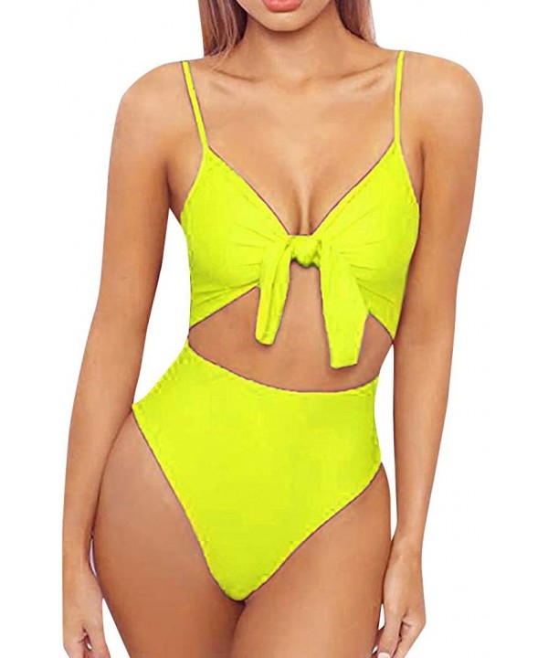 Womens High Waisted Bikini Bottoms Spaghetti Strap Tie Knot Front Cutout High Cut One Piece Swimsuit Swimwear Yellow - CP18TO...