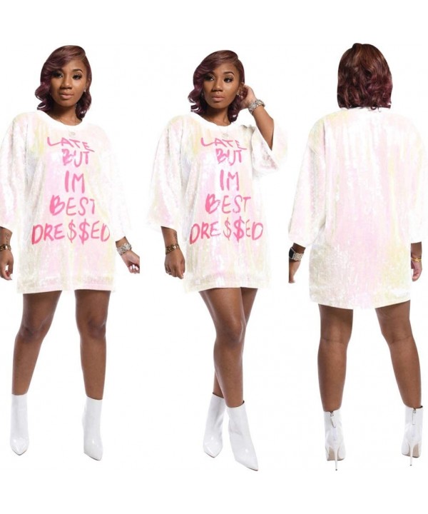 Women Sequin Glitter Letter Print 3/4 Sleeve Round Neck Party Club Mini T Shirt Dress - White - CA194537CAO $28.19-Cover-Ups