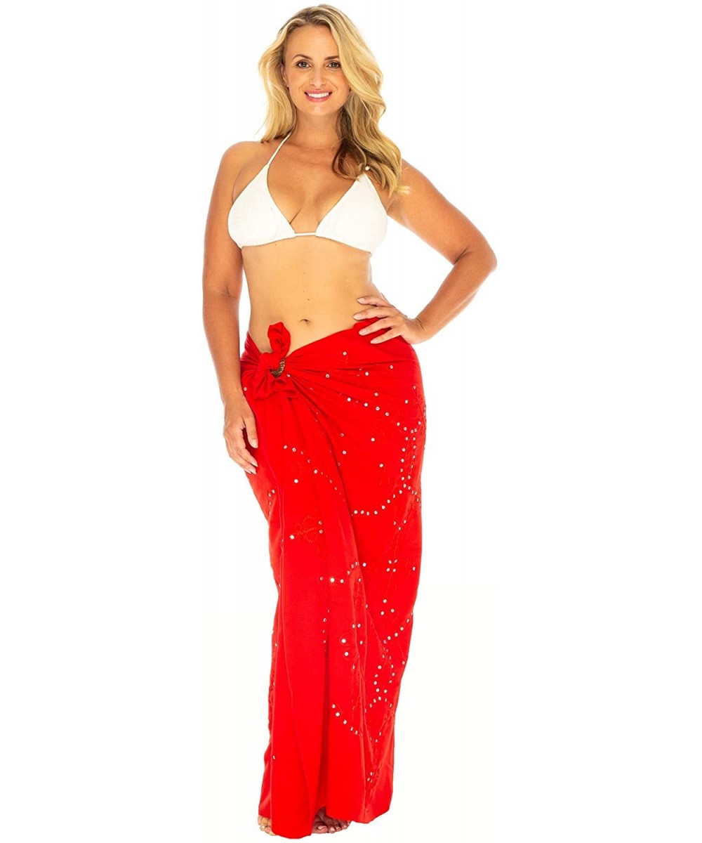 Womens Plus Size Sarong Swimsuit Cover Up Embroidered Beach Wear Bikini Wrap Skirt with Coconut Clip - Red - CJ193XANWQ9 $23....