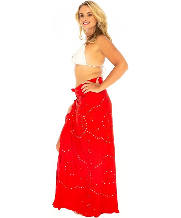 Womens Plus Size Sarong Swimsuit Cover Up Embroidered Beach Wear Bikini Wrap Skirt with Coconut Clip - Red - CJ193XANWQ9 $23....