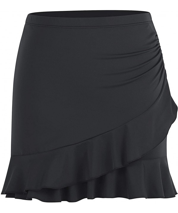 Women's Ruched Flounce Swim Skirt Solid Color Tankini Swimsuit Bottom with Brief - Ruffle Black - CA18SKKKKYS $31.68-Bottoms