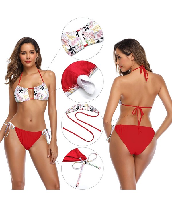 Women's Keyhole Halter Bikini Tie Side Bottom Two Piece Swimsuits - Rose Red - C518X23U0DL $28.05-Sets