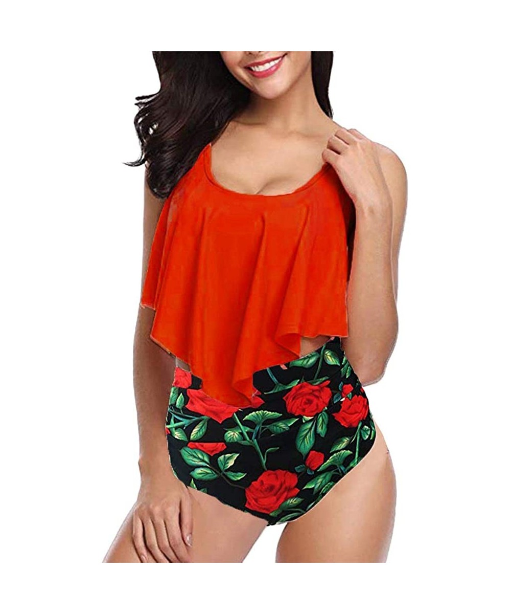 Women Plus Size Two Piece Sexy Backless Halter Floral Swimwear Set Beachwear - G-red - CH18Q4M0Z85 $15.33-Tankinis