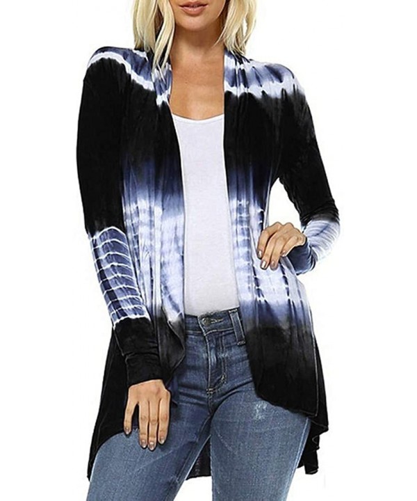 Hi-Low Open Cardigan Women Fashion Tie-Dye Long Sleeve Asymmetric Top Blouse Navy - CA18HTCCQWW $20.75-Cover-Ups